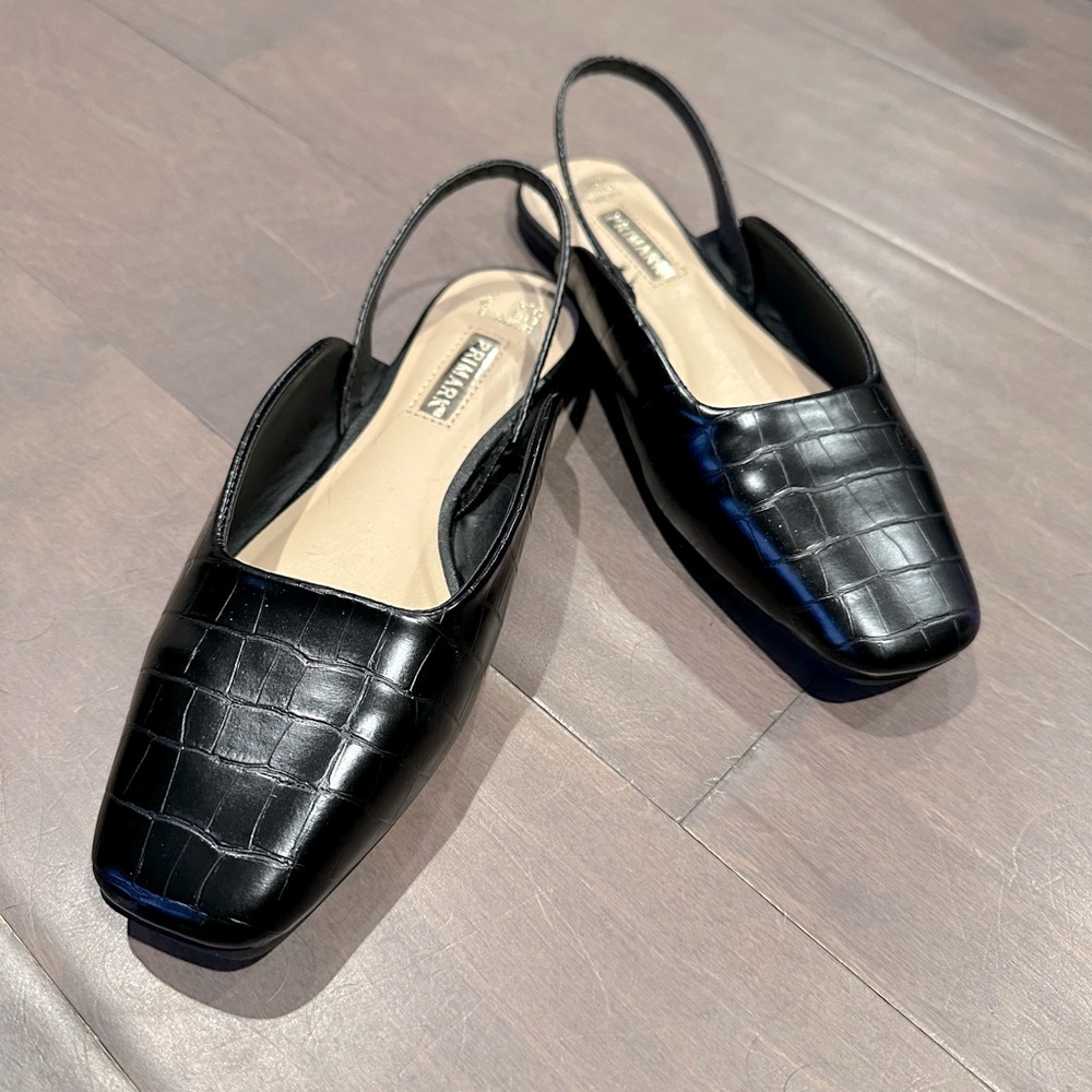 Womens Black Animal Print Synthetic Slingback Flat